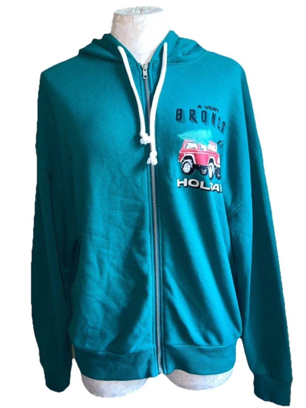 Ford Bronco "A Very Bronco Holiday" Christmas Zip Up Hoodie Teal Green Graphic